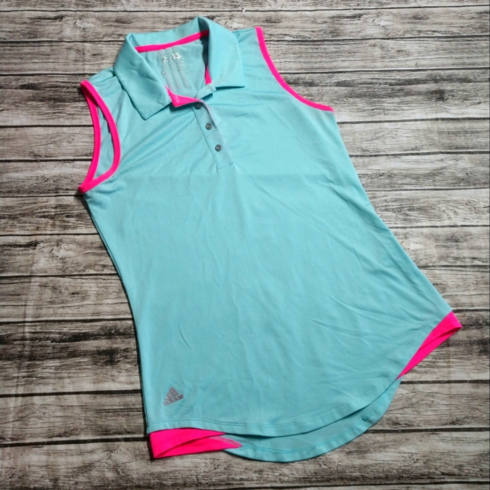 Women's Small Adidas Collared Tank Top Muscle Shirt Blue with Neon Pink Trim, Ex